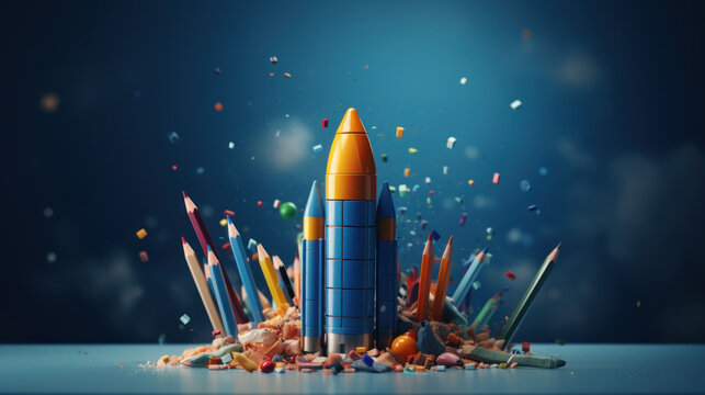 Back to school creative banner. Rocket ship launch made with pencils. Online learning digital education concept. Generative AI