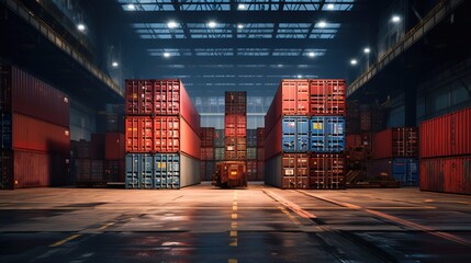 Container box in warehouse in shipping port. generative ai - obrazy, fototapety, plakaty