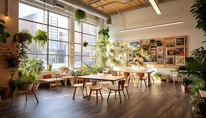 AI generated illustration of a modern workspace with natural light and an abundance of plants
