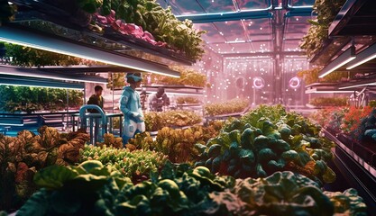 Group of people standing in sustainable agriculture, concept of thriving crops, AI generated