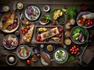 Fototapeta na wymiar AI generated illustration of an appetizing spread of freshly prepared meals on a rustic wooden table