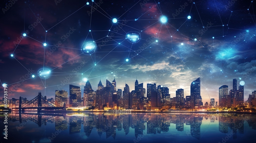 Poster contemporary city with a wireless network connection and a cityscape concept. concept of wireless ne