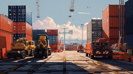Transportation and logistic network distribution growth. Container cargo ship and trucks of industrial cargo freight for shipping. generative ai