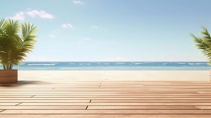 AI generated wooden floor in beach with plants - obrazy, fototapety, plakaty