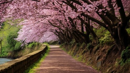 AI generated path surrounded by blooming pink trees