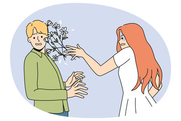 Angry woman throw flowers bouquet to man face distressed with bad date. Unhappy mad female reject male lover or admirer. Relationships end and breakup concept. Vector illustration.