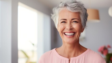 Dentist, veneers or dentures in senior woman mouth or teeth looking happy with her oral hygiene or dental cleaning cosmetic service. Mature model with smile on face for dentistry with generative ai - obrazy, fototapety, plakaty