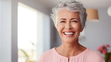 Fotobehang Dentist, veneers or dentures in senior woman mouth or teeth looking happy with her oral hygiene or dental cleaning cosmetic service. Mature model with smile on face for dentistry with generative ai © WS Studio 1985