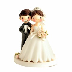 a couple in wedding attire standing next to each other on top of a cake