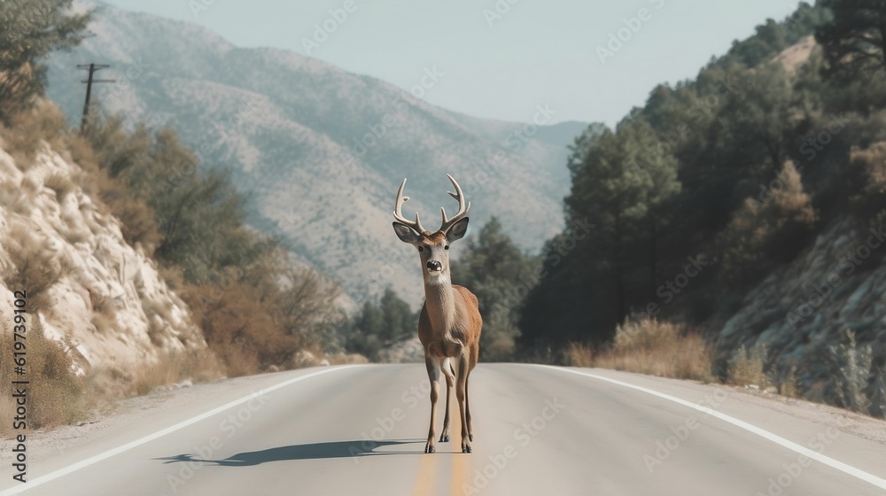 Sticker AI generated illustration of A majestic deer stands in the middle of a road