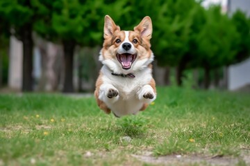 AI generated illustration of a cheerful adorable corgi running through a park
