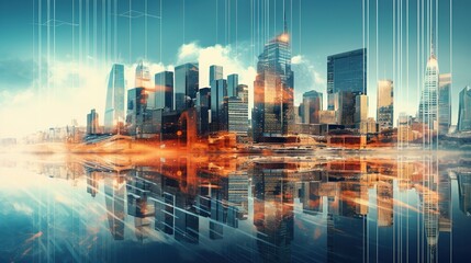Double exposure of Modern metropolis with buildings and skyscrapers, as well as a social connection concept, the internet of things, and the concept of a satellite navigation system with generative ai