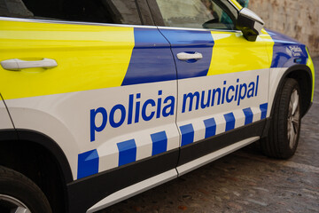 Police car protecting the citizen. Public security in emergency. Translation: Municipal police
