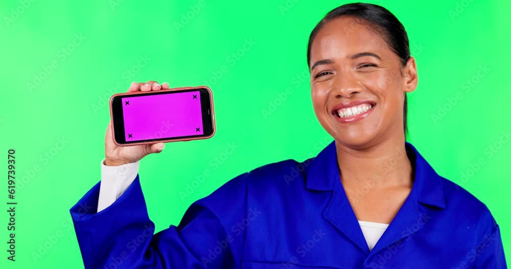 Poster Phone, happy and woman contractor on green screen for website, internet and mobile app with tracking markers. Advertising, construction and portrait of female worker on smartphone for social media