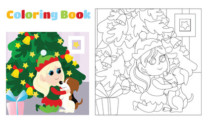 Christmas coloring book of a little elf girl sitting near a Christmas tree with a dog. A feeling of holiday and coziness. Coloring book for children.