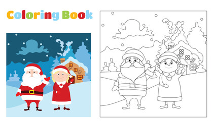 Coloring Pages Santa Claus and Mrs. Santa are standing in front of their house and waving their arms against the backdrop of a fabulous winter landscape.