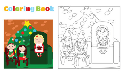 Christmas coloring. Mrs. Santa Claus and little elves are sitting near the Christmas tree. Mrs. Santa is reading a book to the elves. A feeling of holiday and coziness. Coloring book for children.