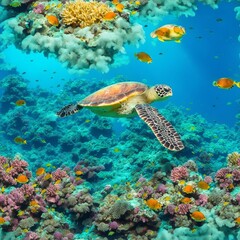 AI generated illustration of a feep ocean featuring a turtle swimming through coral reefs and  fish