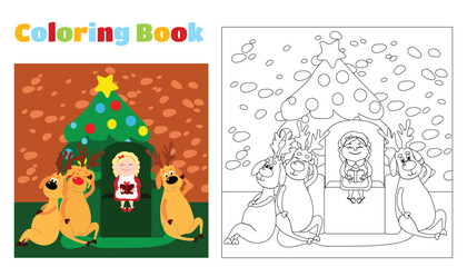 Christmas coloring book for children and adults. Mrs. Santa Claus is reading a book Reindeer in a house. Mother Christmas is sitting on a chair near a decorated Christmas tree. 