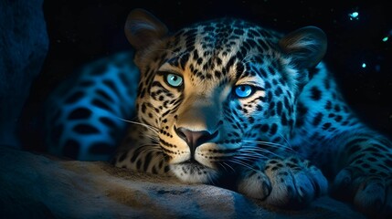 AI generated illustration of a close up of a majestic leopard with icy blue eyes