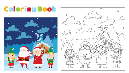 Christmas coloring book for children and adults. Santa Claus, Mrs. Santa and little elves are standing in front of their house and waving arms against the backdrop of a fabulous winter landscape.