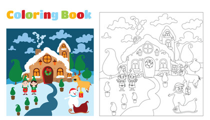Christmas coloring book for children and adults.A snowman with a sleigh and elves are standing near Santa Claus' house. A fabulous evening landscape.