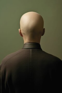 Bald person back view with green background.