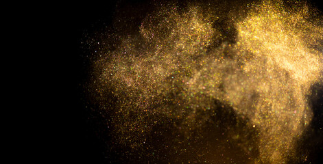 Golden sparks, Christmas and New Year glittering stars swirl on black bokeh background, backdrop with sparkling gold, holiday garland, magic glowing dust, lights. Gold Abstract Glitter Blinking sparks - 619739710