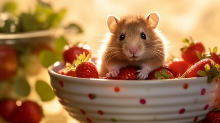 AI generated illustration of an adorable little hamster on a pile of strawberries in a bowl