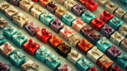 Fototapeta na wymiar AI generated image of festive gift boxes in various colors