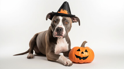 A cute pitbull dog wearing a Halloween hat, lying next to a Halloween pumpkin