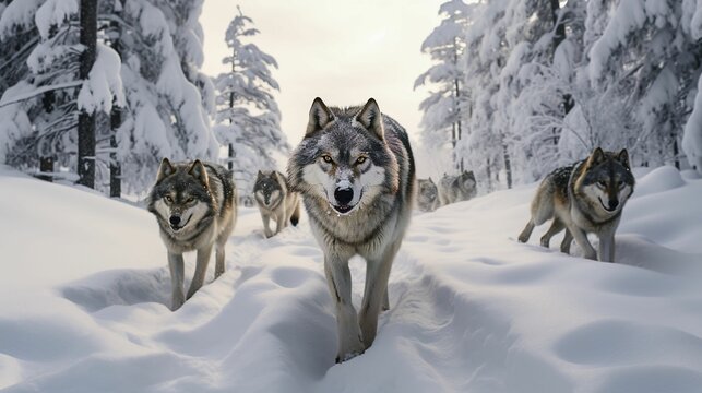 AI generated image of wild gray wolves walking through a pristine snowy landscape