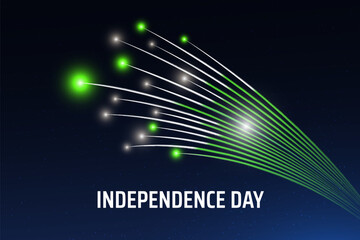 August 14, pakistan independence day, vector template with pakistani flag and colorful fireworks on blue night sky background. Pakistan national holiday august 14th. Independence day card - obrazy, fototapety, plakaty