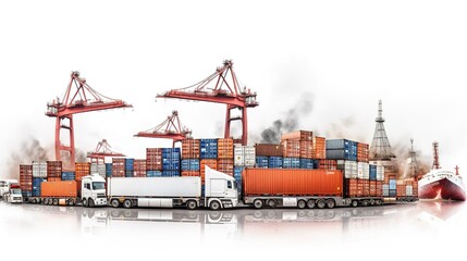 Global business logistics transport import export and International trade concept, Logistics distribution of containers cargo freight ship, Truck and train on white background, generative ai
