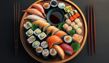 Fototapeta na wymiar AI generated illustration of a plate of assorted sushi with maki rolls, nigiri, and sashimi