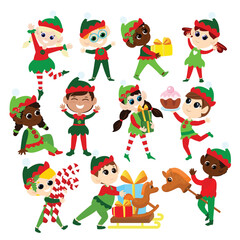 Set Christmas elves. Multicultural boys and girls in traditional elf costumes. Santa's helpers are happy. They dance, smile, bring gifts, carry lollipops and sweets. Design of Christmas characters. - obrazy, fototapety, plakaty
