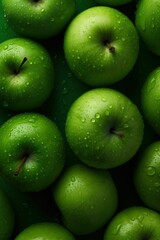 AI generated illustration of a selection of green apples covered with water droplets