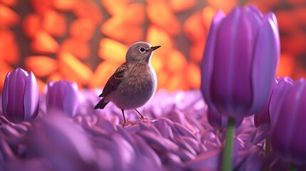 A bird sits on a branch in front of a purple tulip
