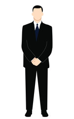 A man in a black classic suit and shirt stands straight. The character folded his hands in front of him. Illustration in cartoon style isolated on white background.