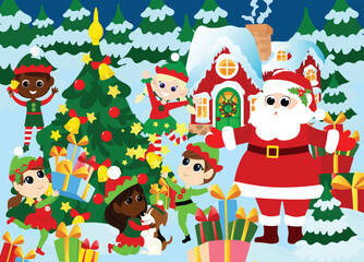 Santa Claus with elves outside near the Christmas tree. Winter landscape near Santa's snowy house. Mood of happiness and joy. Illustration for printable children's puzzles.
