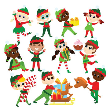 Set Christmas elves. Multicultural boys and girls in traditional elf costumes. Santa's helpers are happy. They dance, smile, bring gifts, carry lollipops and sweets. Design of Christmas characters.