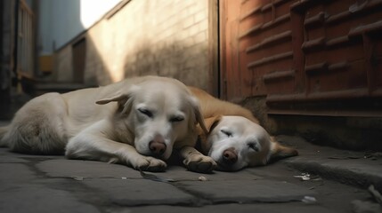AI generated illustration of two dogs cuddling and sleeping on the street against a brick wall