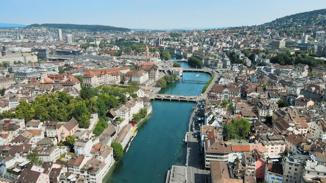 Flight over zurich with view of the city and the lake zurich
