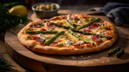 AI generated illustration of a delicious Italian pizza with asparagus and salami - obrazy, fototapety, plakaty