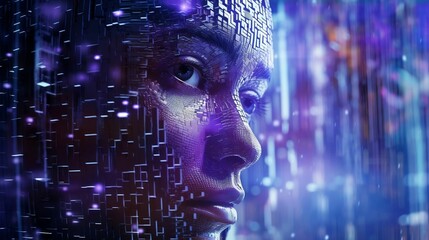 Portrait of a female with a digital grid overlaid, AI-generated.