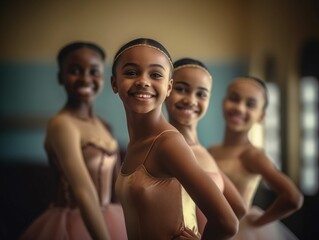 AI generated illustration of young ballet dancers in costumes smiling and practicing - obrazy, fototapety, plakaty