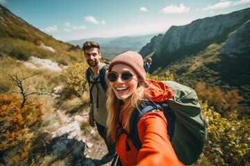 AI generated illustration of a smiling couple hiking on a mountain