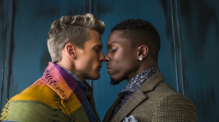 AI generated gay couple standing close to each other - obrazy, fototapety, plakaty