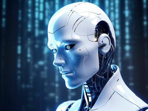 AI generated illustration of a robotic figure with glowing eyes with screens in the background