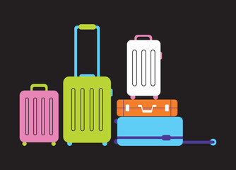 Set of cartoon colored suitcases on wheels. Various plastic, fabric vector illustrations of luggage. Various travel suitcases, business cases, travel luggage, travel cover leisure tourism shopping